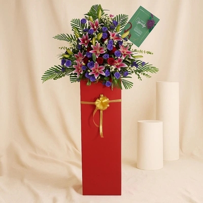 Blissful Mixed Flowers Red Cardboard Stand