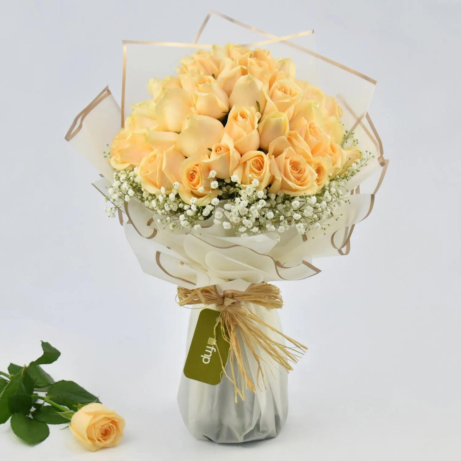 Elegant 35 Peach Roses Bouquet with Brown Wrapping and White Ribbon