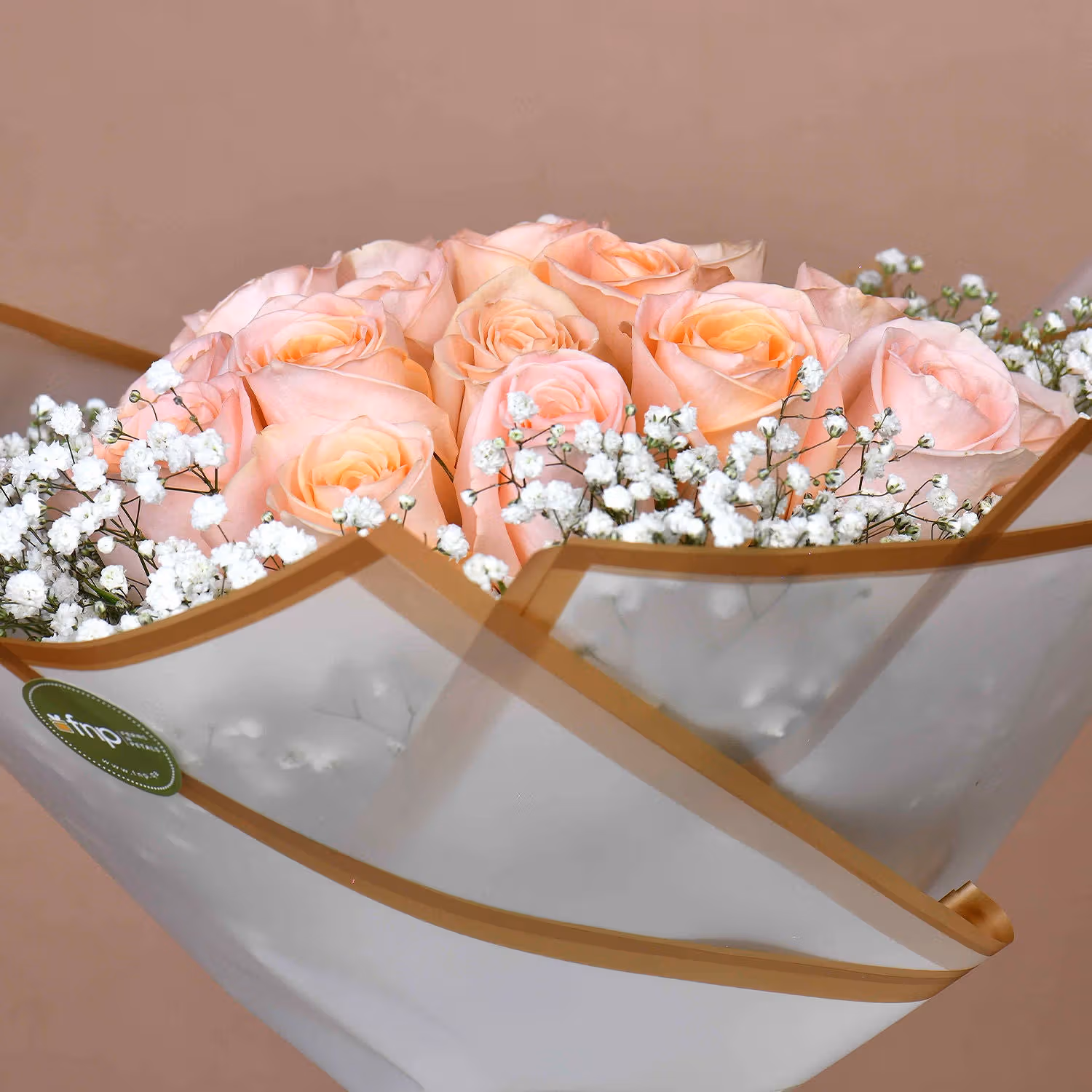 Elegant Peach Love 20 Roses Bouquet with Gypsophila Fillers