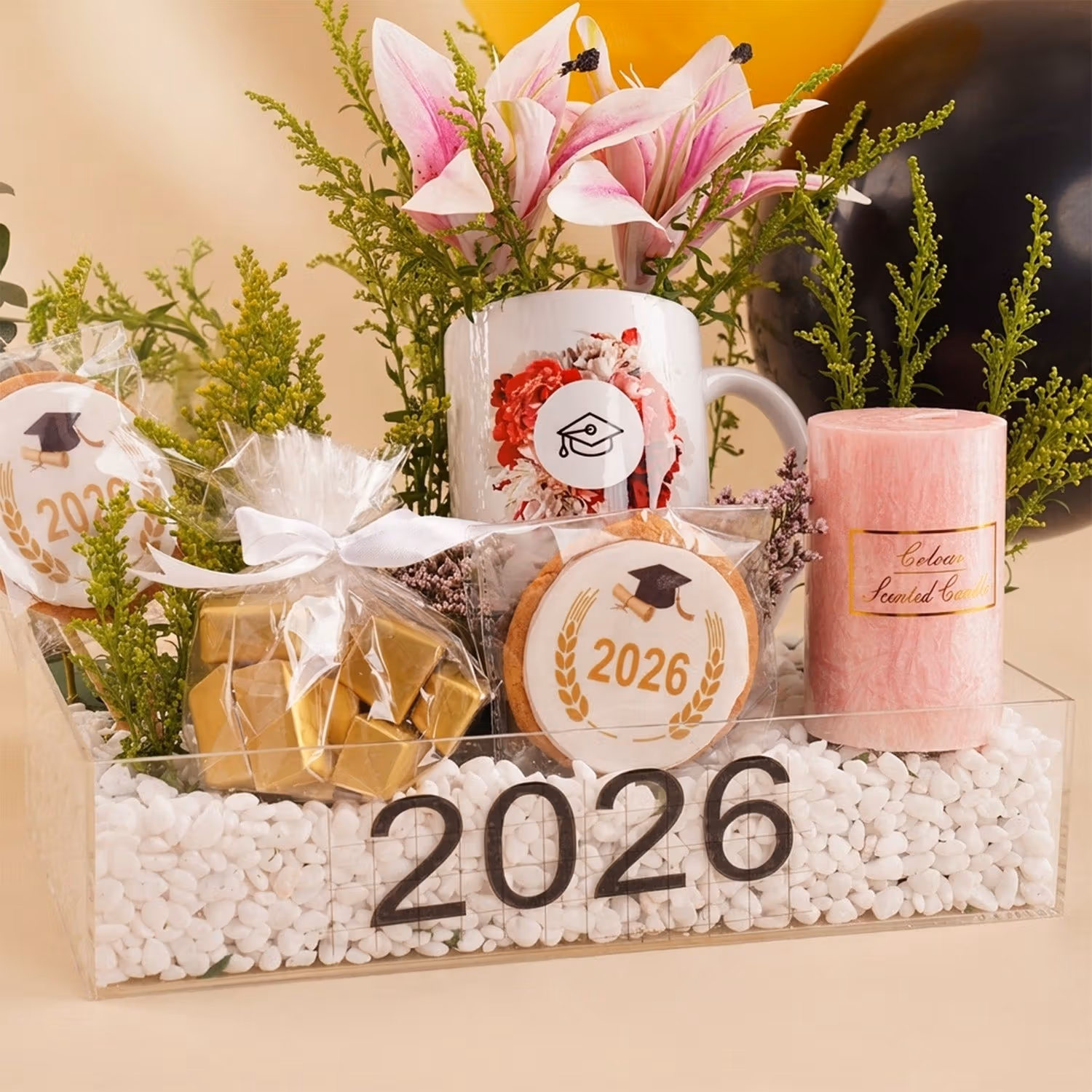 Pink Lily Women Graduation Gift Hamper n Balloons