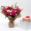 Exquisite Hand Bouquet in Jute Wrap with Strawberry-Topped Chocolate Cake
