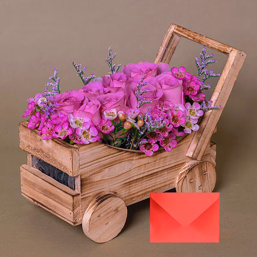 Purple Roses Arrangement In Cart with Greeting Card
