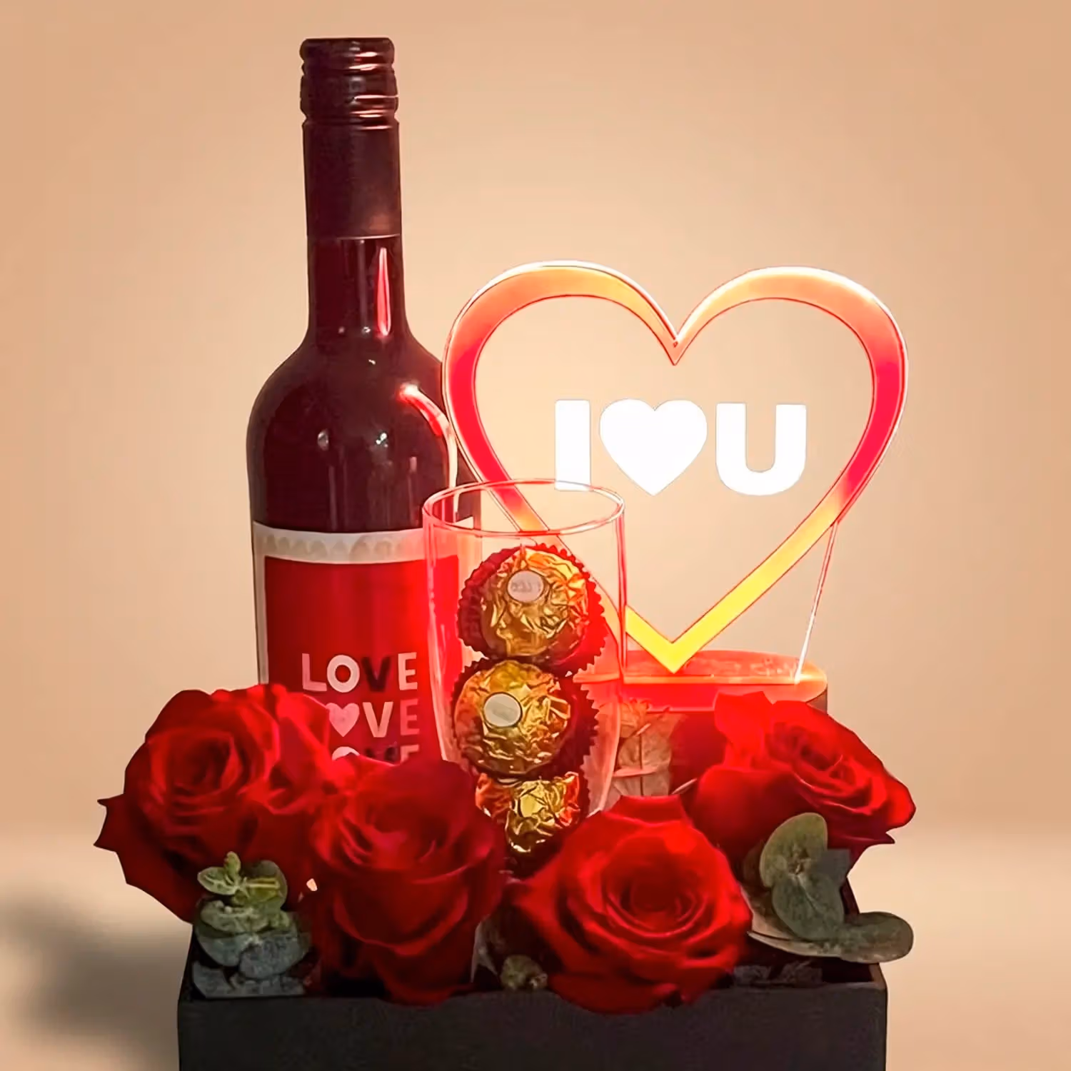 Elegant Romance Gift Box with Roses, Wine, and Chocolates