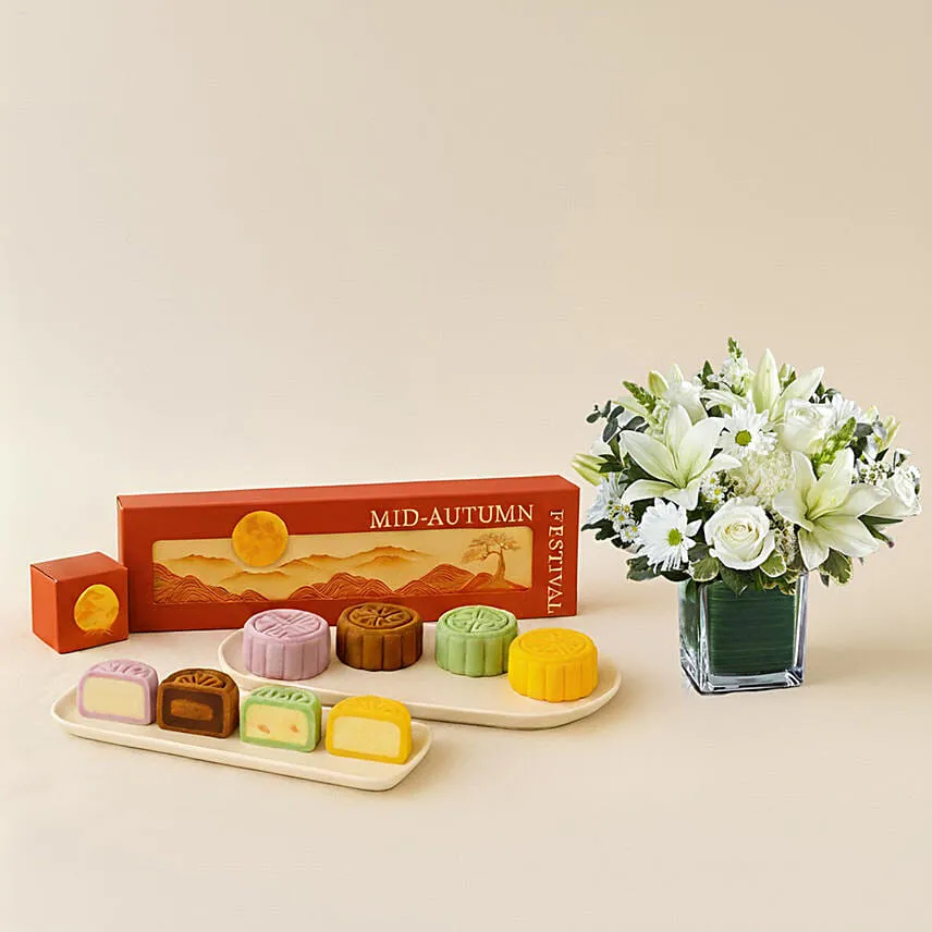 Mid-Autumn Snowskin Mooncake Box of 4 with White Flowers Vase Gift Set