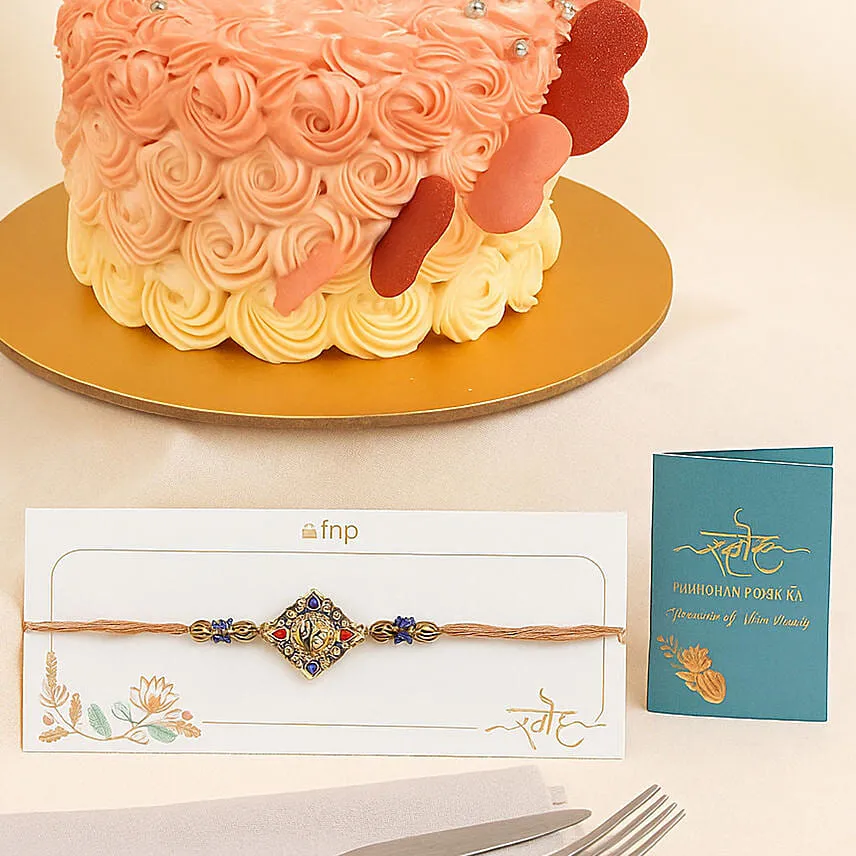 Floral Heart Chocolate Cake With Ganesha Rakhi