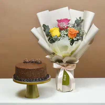 Elegant Bouquet of Roses with Decadent Ferrero Rocher Chocolate Cake