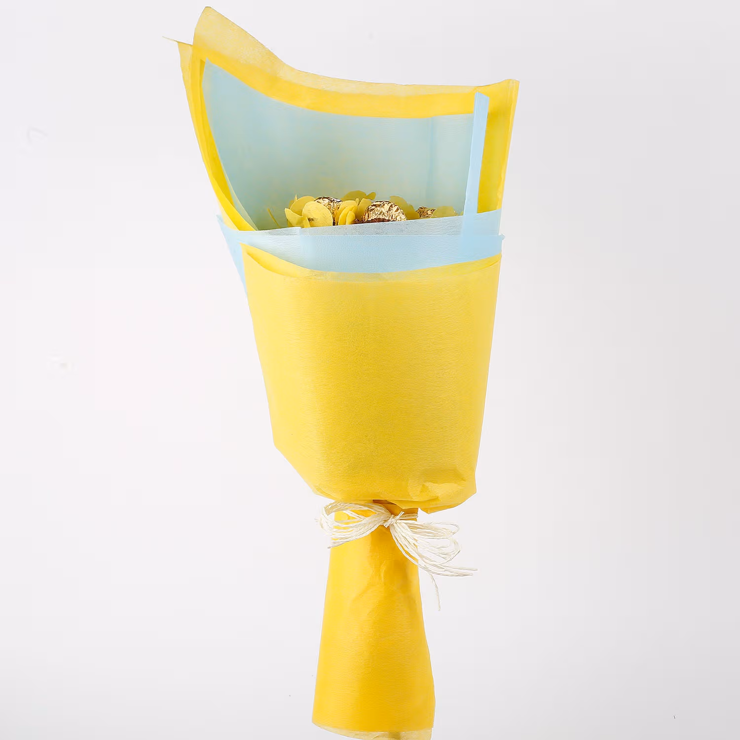 Luxurious Ferrero Rocher Chocolate Bouquet with Elegant Yellow and Blue Wrapping