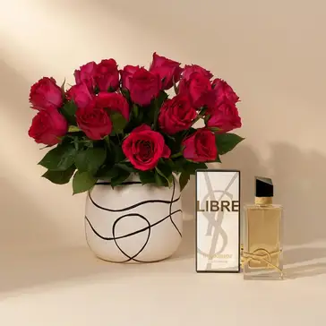 Elegant 18 Dark Pink Roses with YSL Libre Perfume Gift Set