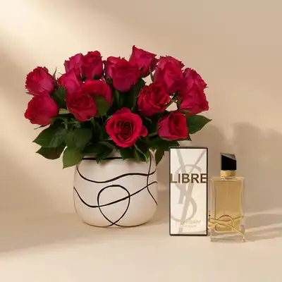 Elegant 18 Dark Pink Roses with YSL Libre Perfume Gift Set