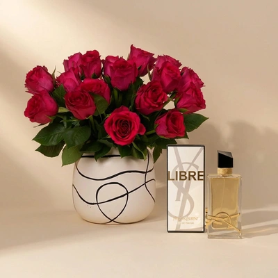 Elegant 18 Dark Pink Roses with YSL Libre Perfume Gift Set