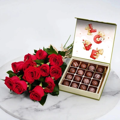 Elegant Red Rose Bouquet and Gourmet Belgian Chocolates Gift Set