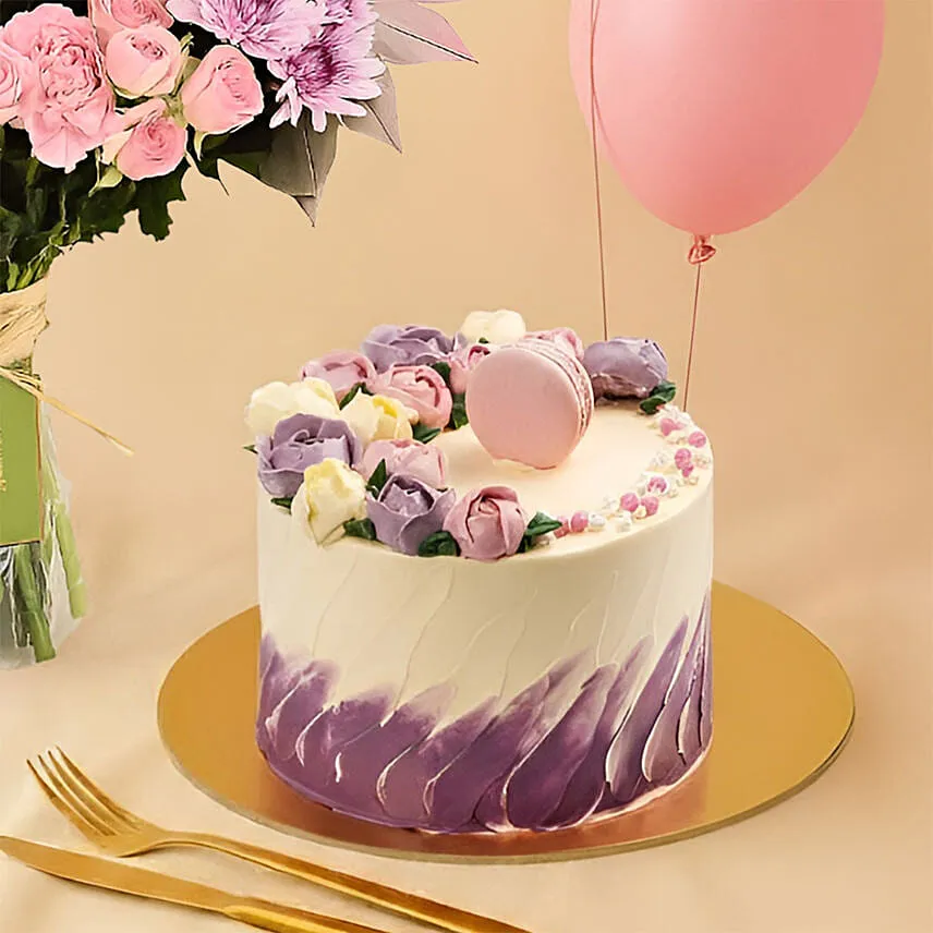 Pink Flowers Bouquet Cake & Balloons
