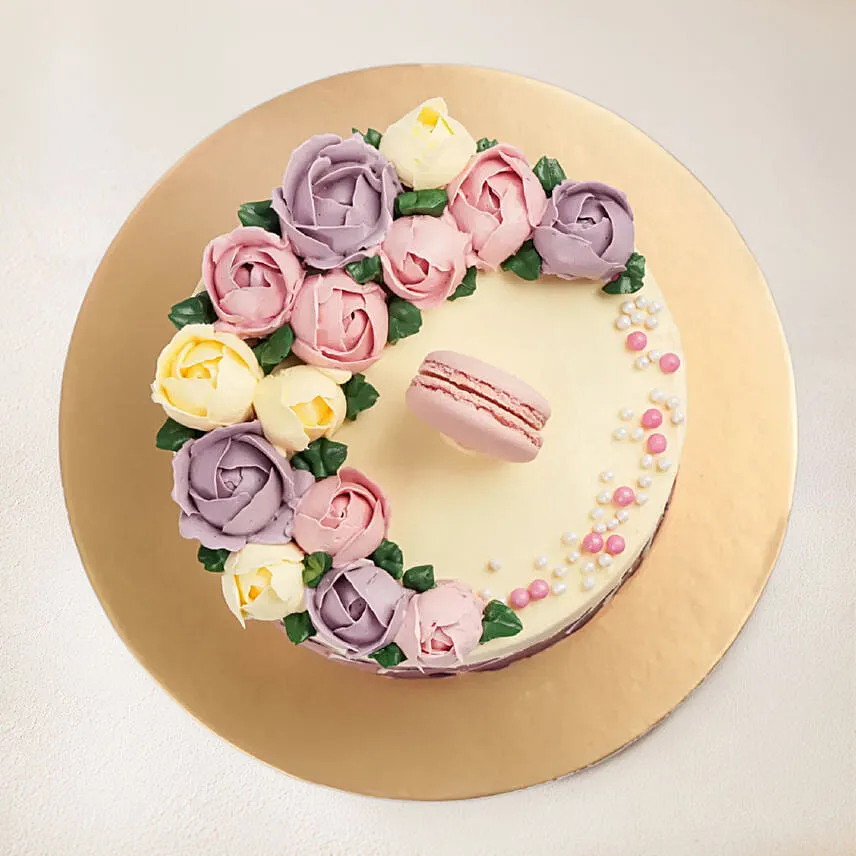 Flowers And Macaroons Chocolate Cake