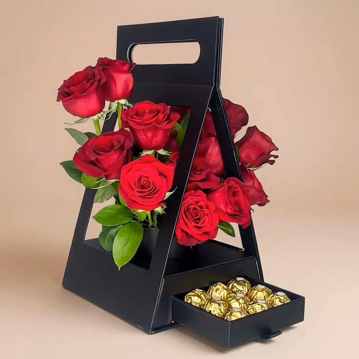 Elegant Hut Shaped Box with Red Roses and Ferrero Rocher Chocolates