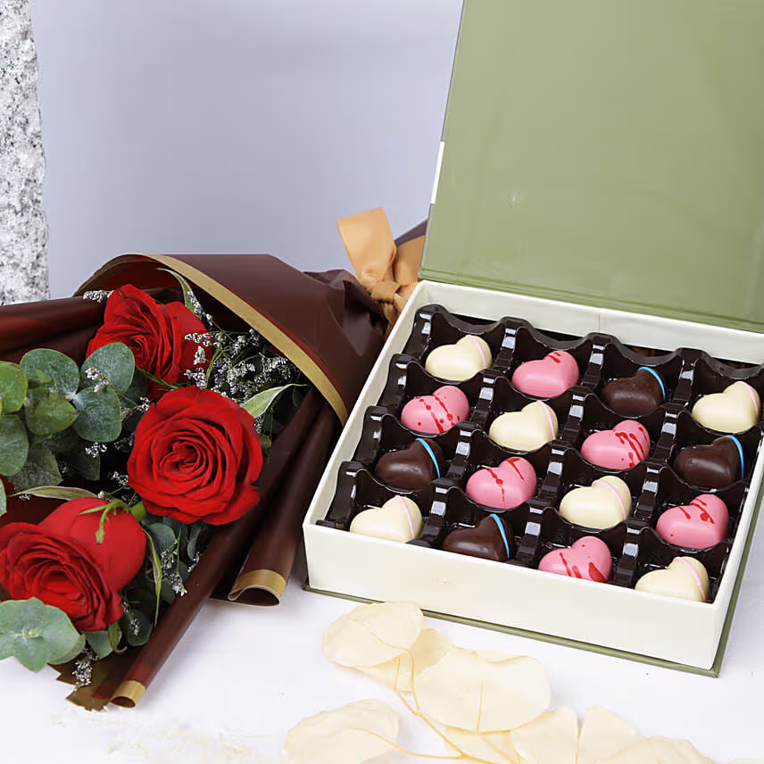 Chocolate Hearts Box with Red Roses Bouquet