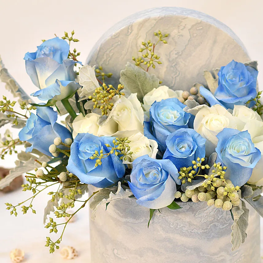 White and Blue Roses Arranngement in Box