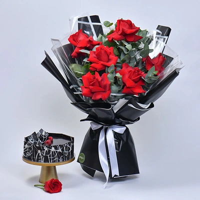 Elegant Roses Bouquet With Chocolate Cake - 6 Stems