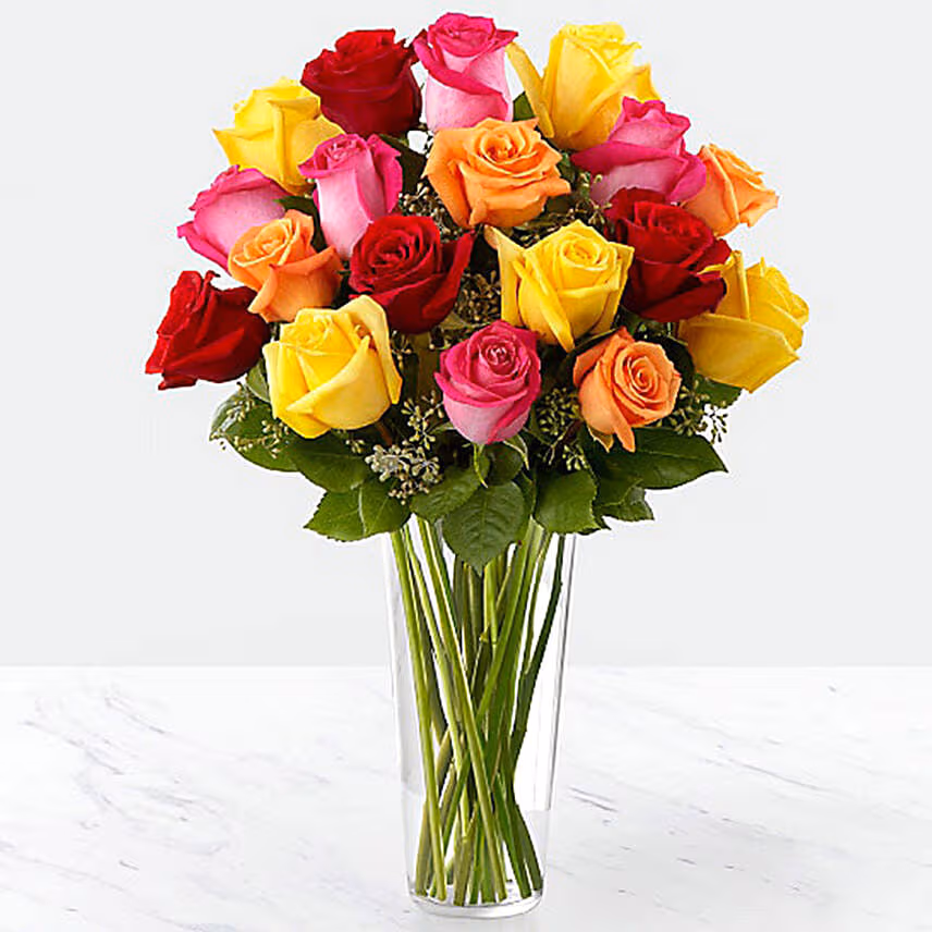 Vase Of 12 Vivid Roses With Birthday Balloon