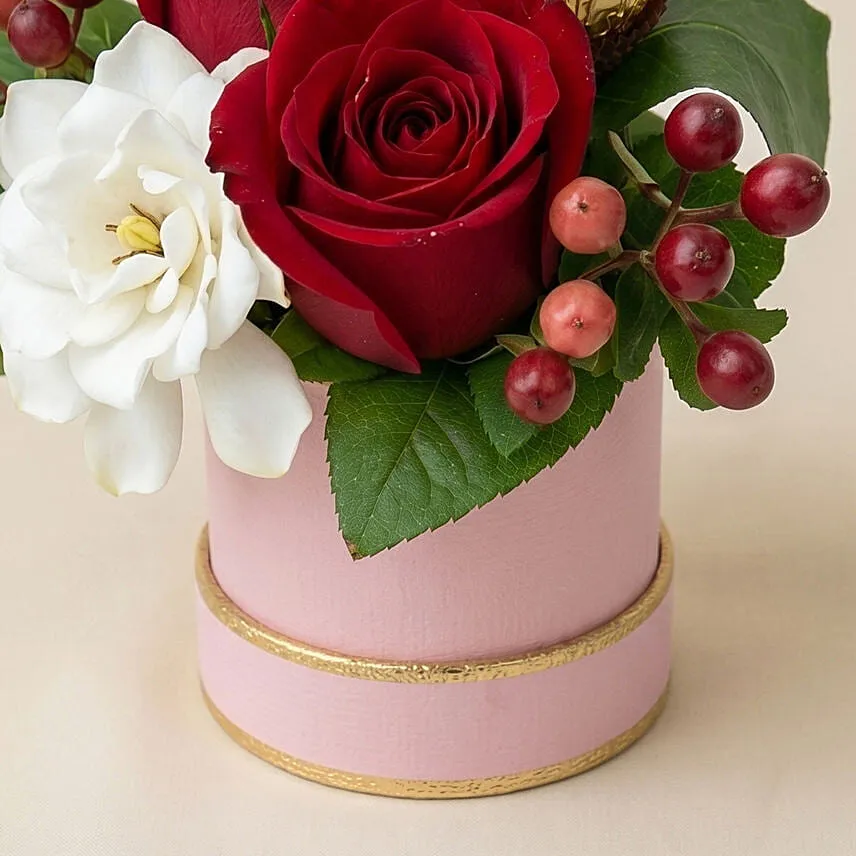 Red Rose, Eustoma & Ferrero Rocher in Round Gift Box