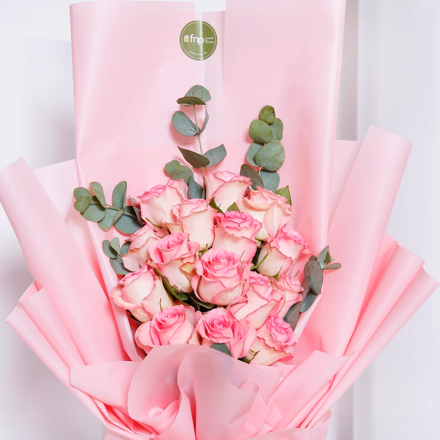 Stunning Pink Roses Bouquet with Eucalyptus and Elegant Wrap