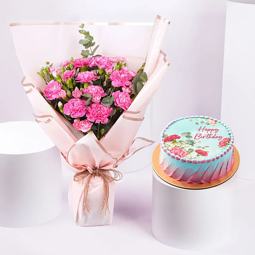 Birthday Wish Cake With Carnation Bouquet