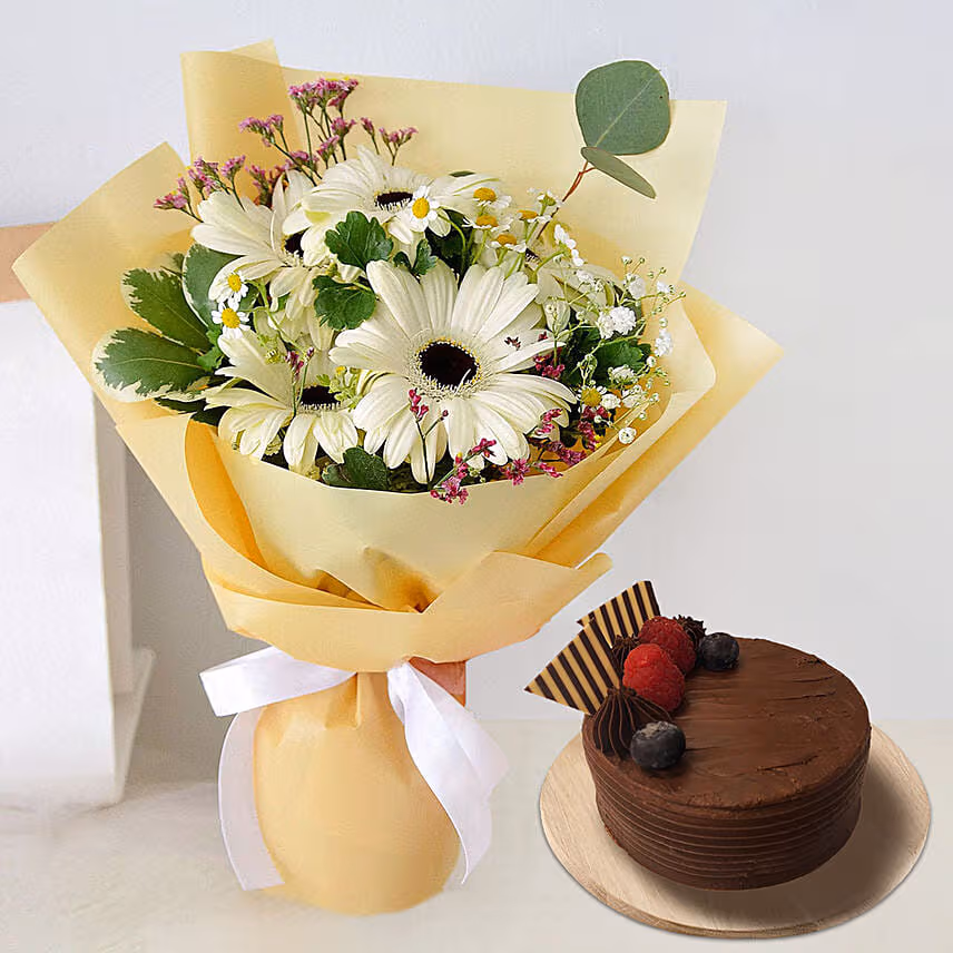 Peaceful White Gerberas Bouquet With Chocolate Cake