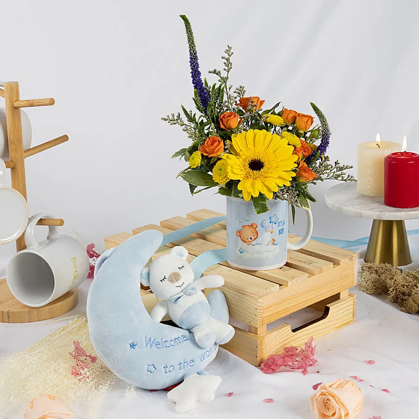New Born Boy Flowers with Cozy Toy