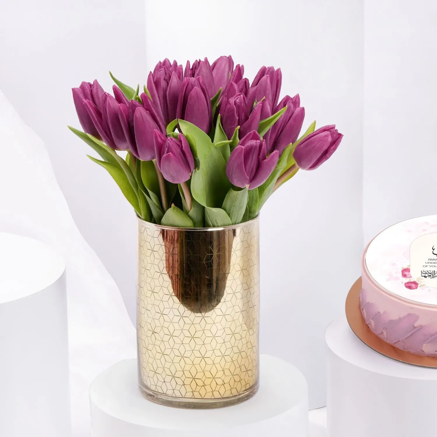 Purple Tulips Vase n Mom's Delight Cake