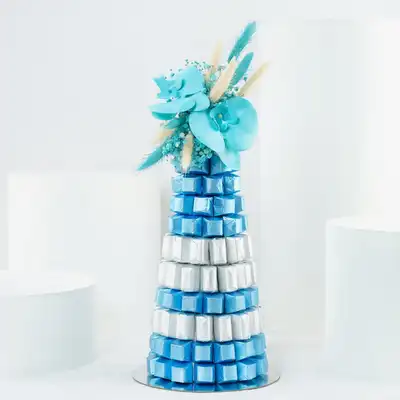Elegant Blue & White Chocolate and Flower Fountain Display
