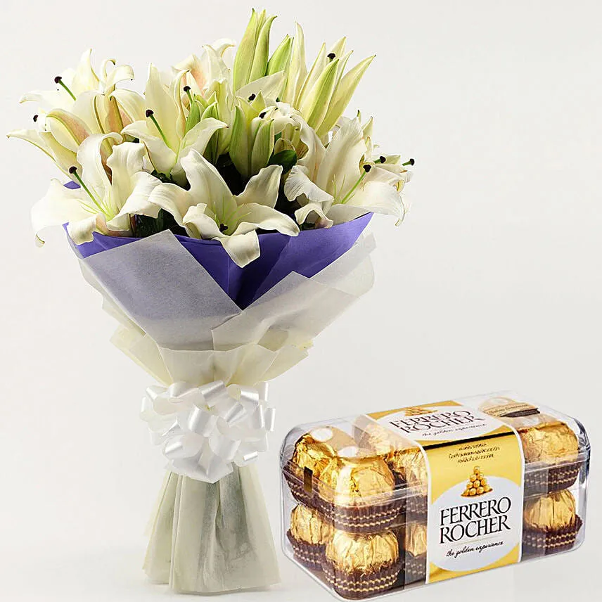 White Oriental Lilies Bouquet with Ferrero Rocher