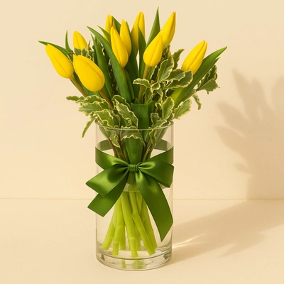Elegant Yellow Tulip Bouquet in Glass Vase with Ribbon