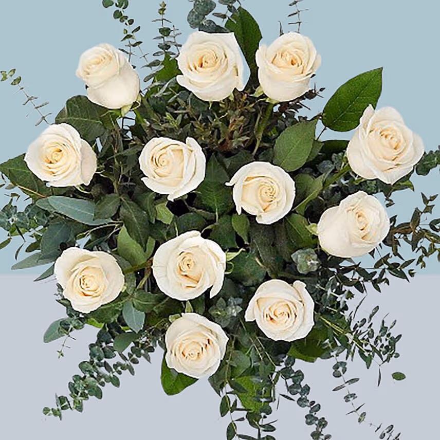 12 Bright White Roses Glass Vase Arrangement