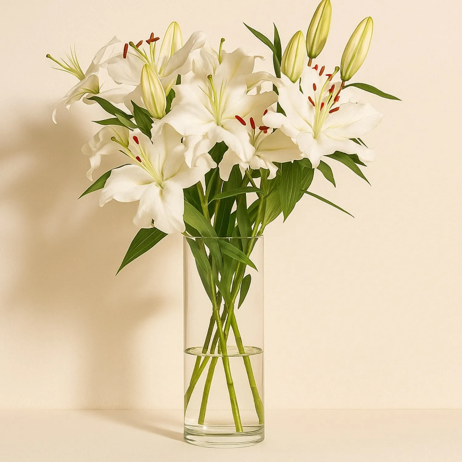 Elegant White Lily Bouquet in Glass Vase