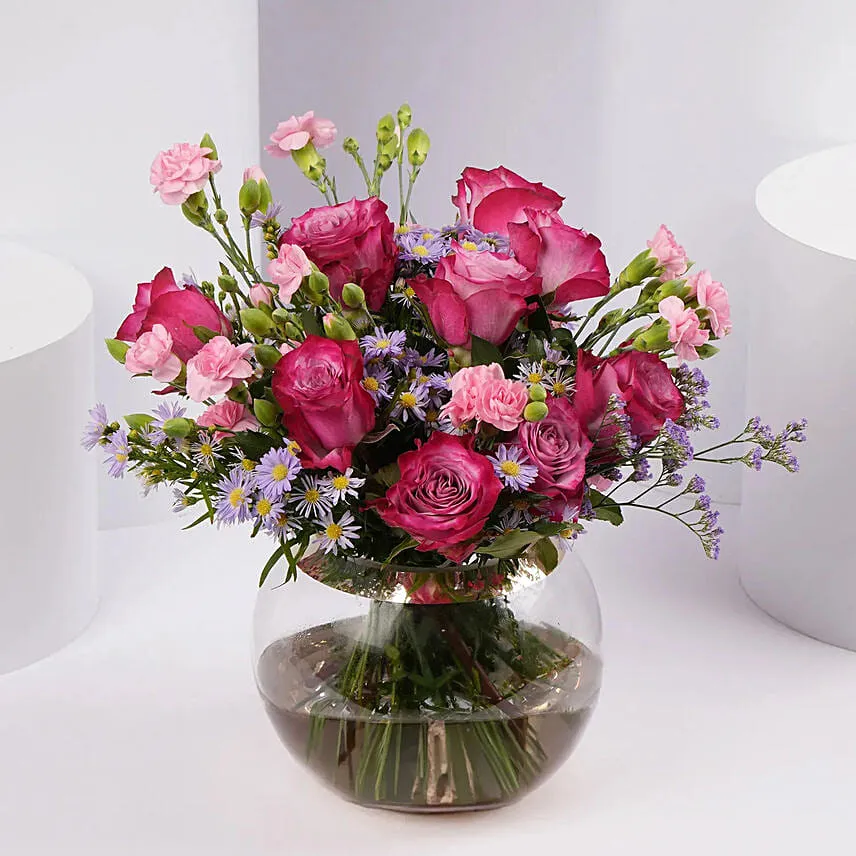 Elegant Rose and Carnation Bouquet in Glass Vase