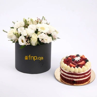 Elegant White Flowers Beauty Box with Delicious Red Velvet Cake