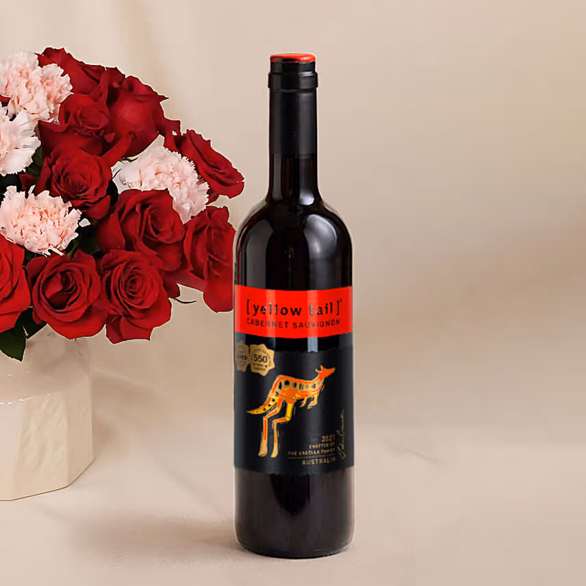 Roses and Carnations in Premium Vase and Wine for Vday