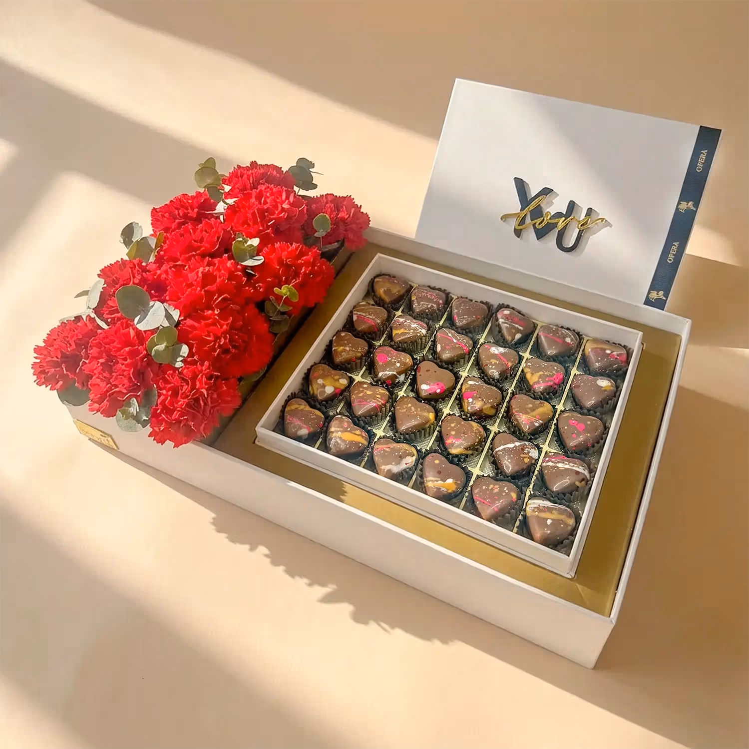 Romantic Red Carnations & Gourmet Chocolate Gift Box