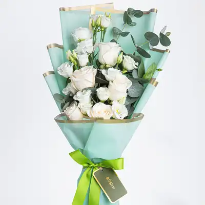 Elegant White Rose and Eustoma Hand Bouquet with Eucalyptus