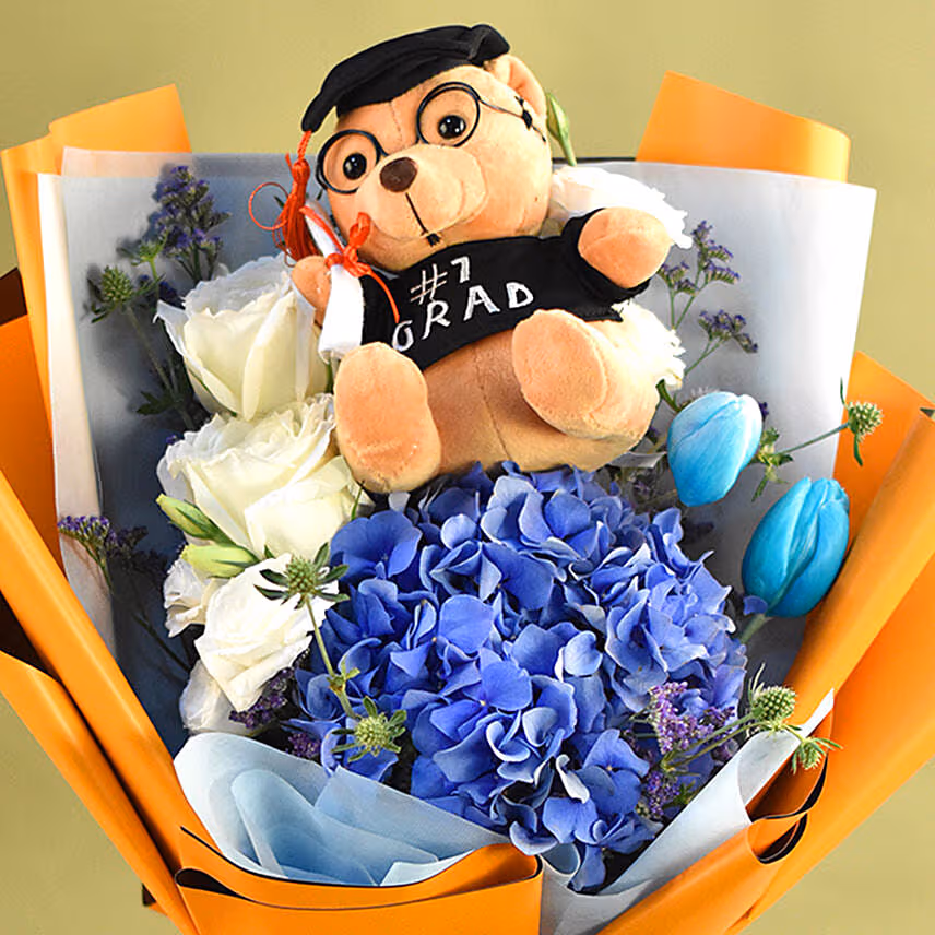Graduation Teddy Bear & Mixed Flowers Bouquet