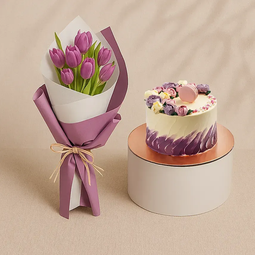 Purple Tulip Bouquet With Macaron Chocolate Delight