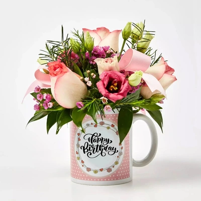 Charming Birthday Flower Mug Arrangement - Pink Roses and Garden Blooms