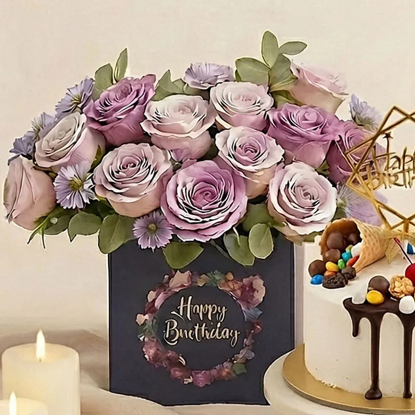 Birthday Gift Set - Roses Cake & Wine Combo