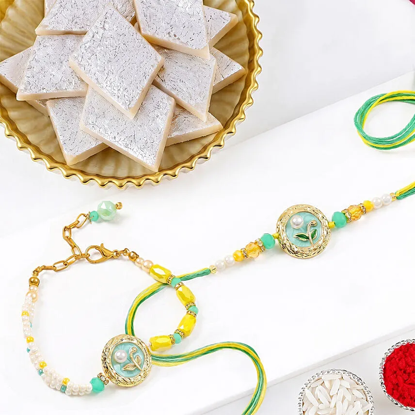 Green and Yellow Stone Bhaiya Bhabhi Rakhi with Kaju Katli