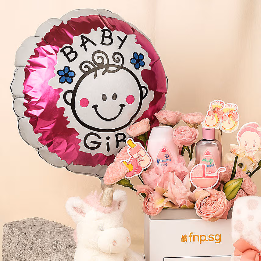 Its a Baby Girl Flowers giftset and Balloon
