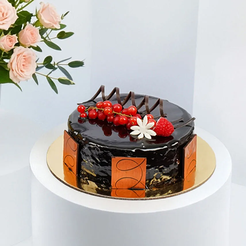 Eggless Chocolate Truffle Cake and Flowers Combo