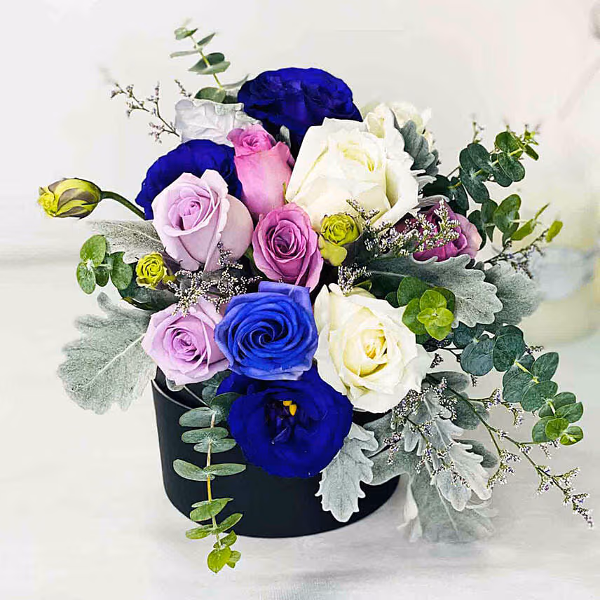 Box Of Mixed Roses with Fruit Cake
