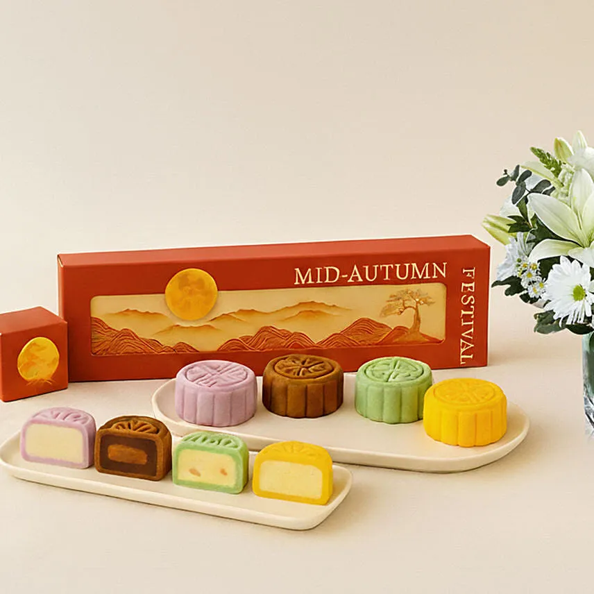 Mid-Autumn Snowskin Mooncake Box of 4 with White Flowers Vase Gift Set
