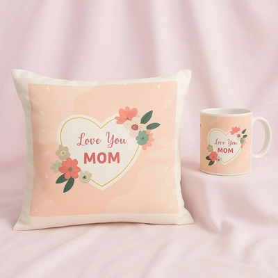 Heartfelt 'Love You Mom' Cushion & Mug Gift Set - Perfect for Mother's Day