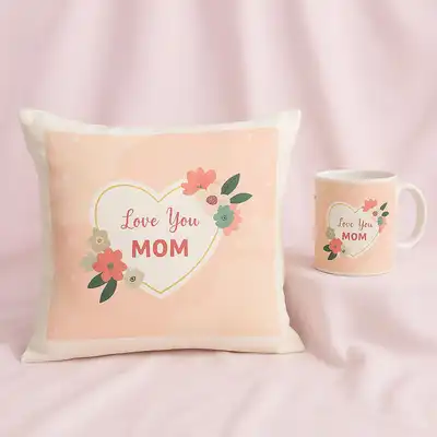 Heartfelt 'Love You Mom' Cushion & Mug Gift Set - Perfect for Mother's Day