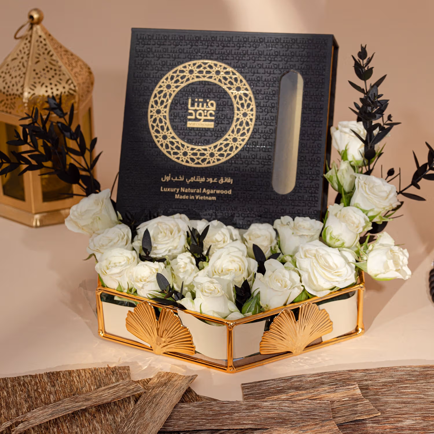 Ramadan Mystic: Luxurious 6 Tola Vietnamese Oud Chips & White Roses Gift Set